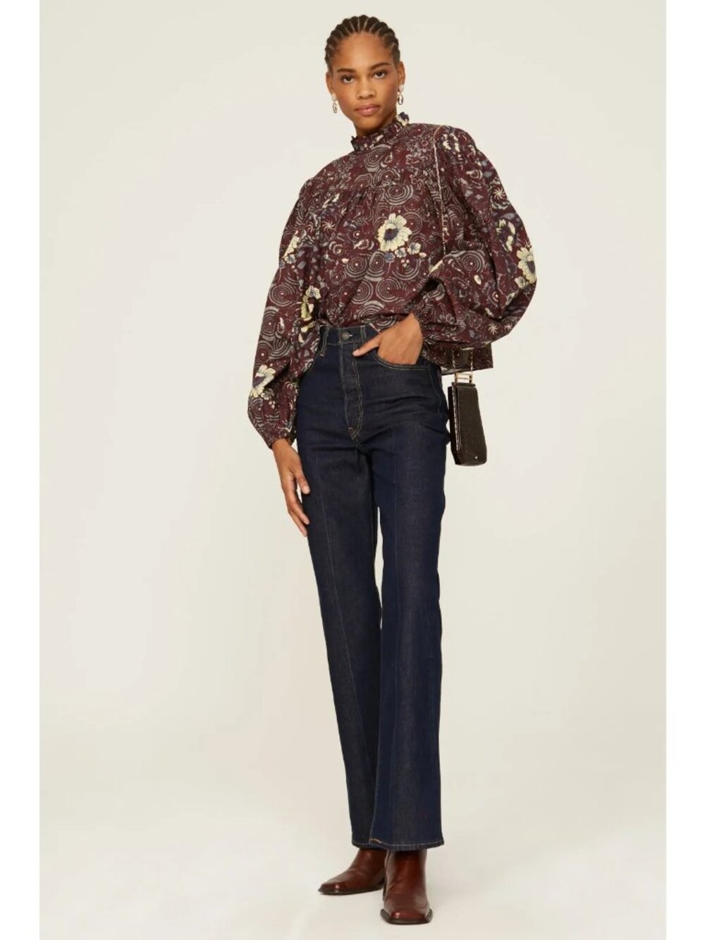 Ulla Johnson Burgundy Floral High-Neck Blouse